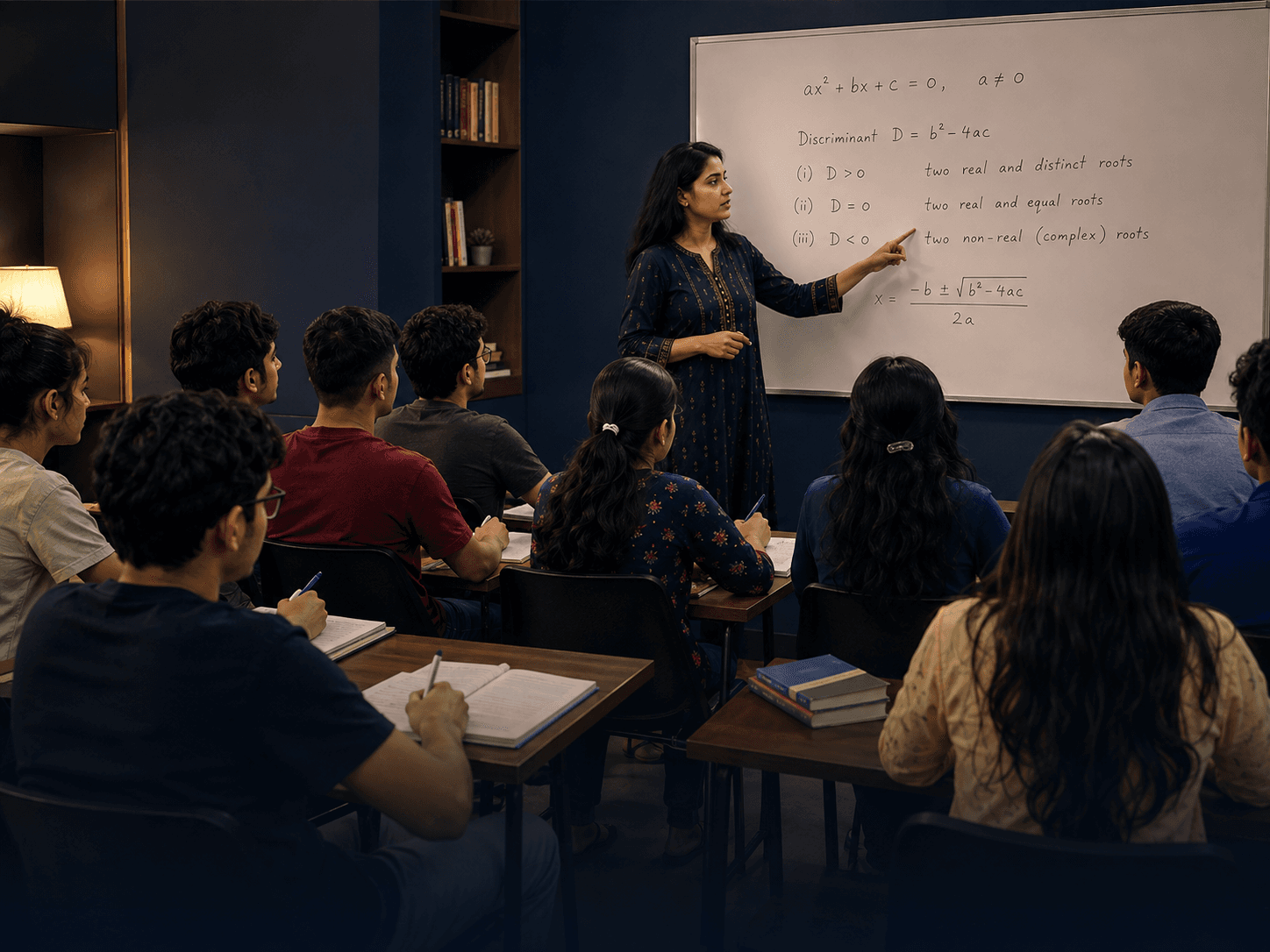 A Mathematics teacher guiding students in a focused classroom